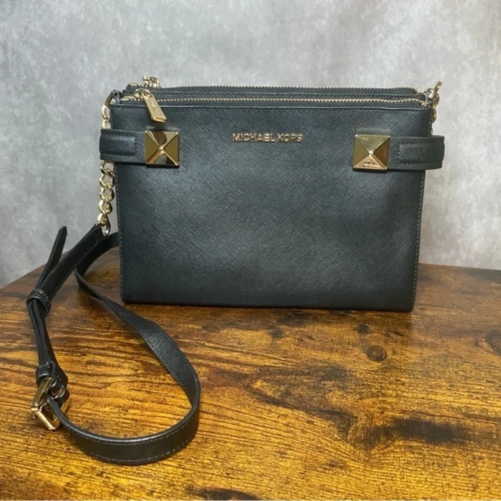 Michael Kors Karla East West Leather Crossbody Bag Black and‎ Gold